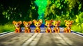 Group of little tiger figurines sitting on top of road. Generative AI Royalty Free Stock Photo