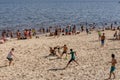 Local Brazilians playing beach football on the Ponta Negra beach in Manaus located in the Amazon, Brazil, South America Royalty Free Stock Photo