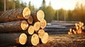 Group of Log trunks pile, Wooden trunks pine, Logging timber wood industry