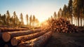 Group of Log trunks pile, Wooden trunks pine, Logging timber wood industry