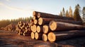 Group of Log trunks pile, Wooden trunks pine, Logging timber wood industry