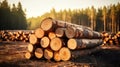 Group of Log trunks pile, Wooden trunks pine, Logging timber wood industry