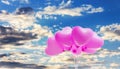 Group of lovely pink heart pattern balloons on puffy cloudy Royalty Free Stock Photo