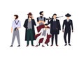 Group of mafia members or mafiosi dressed in elegant retro clothes or formal suits and holding fire guns. Flat male Royalty Free Stock Photo