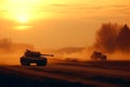 Group of main battle tanks with a city on fire on the background. One tank firing a shell from the barrel. Military or