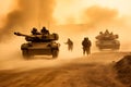 Group of main battle tanks with a city on fire on the background. One tank firing a shell from the barrel. Military or