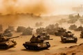 Group of main battle tanks with a city on fire on the background. One tank firing a shell from the barrel. Military or