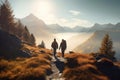 Group of male hikers admiring a scenic view from a mountain top. Adventurous young men with backpacks. Hiking and trekking on a