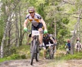 Group of male mountain bike cyclists in the forest