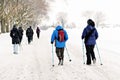 Group of man and women during hiking in winter season from back