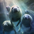 group of manatees in the sunny water of the river