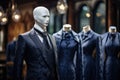 A group of mannequins dressed in professional suits and ties showcased in a store window, Dark blue suits on a mannequin in the