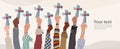 Group of people hands raised holding a crucifix. Christian worship.Concept of faith and hope in Jesus Christ. Royalty Free Stock Photo