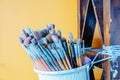 Group of many different old brushes, paints and brushes Royalty Free Stock Photo