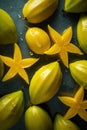 Group of many Starfruit with seamless background, waterdrops, close of view