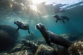 a group of marine mammals swimming in crystal-clear waters