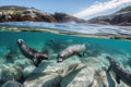 a group of marine mammals swimming in crystal-clear waters