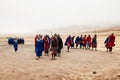 Group Masai or Maasai tribe peoples in red and blue cloth dancing. Ethnic group of Ngorongoro Consevation, Serengeti in Tanzania