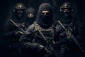 Group of masked soldiers with guns and masks on a dark background. Armed special forces group with shotguns on a Black background