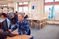 Group Of Mature Adult Students In Class Working At Computers In College Library