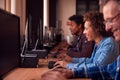 Group Of Mature Adult Students In Class Working At Computers In College Library