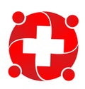 Red medical professionals meeting together icon logo