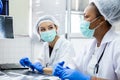 group of medical student study in class room. medical students studying human brain disease diagnosis through learning from X-ray Royalty Free Stock Photo