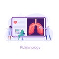 Group of medical workers and doctors diagnose lung problems in clinic. Concept of fluorographic examination, pulmonology, medical