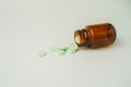 Group of medicine pills and antibiotics, White medical tablets, light green, in brown glass bottles, with copy space