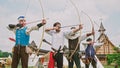 Group of medieval archers are training on archery