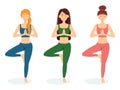 Group of meditating women. Girls practicing yoga, vector illustration