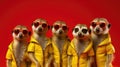 Group of Meerkat wear sunglasses, vibrant bright fashionable outfits isolated on red background. Creative animal concept.