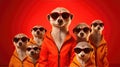 Group of Meerkat wear sunglasses, vibrant bright fashionable outfits isolated on red background. Creative animal concept.