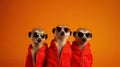 Group of Meerkat wear sunglasses, vibrant bright fashionable outfits isolated on red background. Creative animal concept.