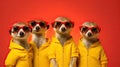 Group of Meerkat wear sunglasses, vibrant bright fashionable outfits isolated on red background. Creative animal concept.