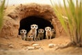 group of meerkats on alert at their burrow entrance Royalty Free Stock Photo