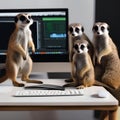 A group of meerkats collaborating on a video editing project with mini editing software on a computer1