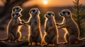Golden Hour Meerkat Family Gathering on Log Royalty Free Stock Photo