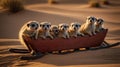 Meerkat Family Adventure: A Curious Group of Meerkats Riding a Sleigh on the Sand Dunes Royalty Free Stock Photo