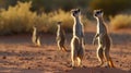 Meerkat Clan at Golden Hour in Desert Landscape