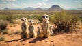 Group of Meerkats standing with a desert landscape and distant mountains. Generative Ai Royalty Free Stock Photo