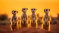 Group of Meerkats standing with a desert landscape and distant mountains. Generative Ai Royalty Free Stock Photo