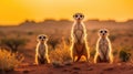 Group of Meerkats standing with a desert landscape and distant mountains. Generative Ai Royalty Free Stock Photo