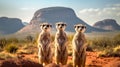 Group of Meerkats standing with a desert landscape and distant mountains. Generative Ai Royalty Free Stock Photo