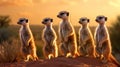 Group of Meerkats standing with a desert landscape and distant mountains. Generative Ai Royalty Free Stock Photo