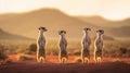 Group of Meerkats standing with a desert landscape and distant mountains. Generative Ai Royalty Free Stock Photo