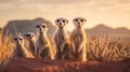 Group of Meerkats standing with a desert landscape and distant mountains. Generative Ai Royalty Free Stock Photo