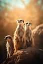 Group of meerkats standing on a rock in the zoo.