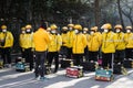 Shanghai, China 20.02.2021 Group of meituan food delivery workers at morning briefing Royalty Free Stock Photo