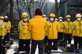 Shanghai, China 20.02.2021 Group of meituan food delivery workers at morning briefing Royalty Free Stock Photo